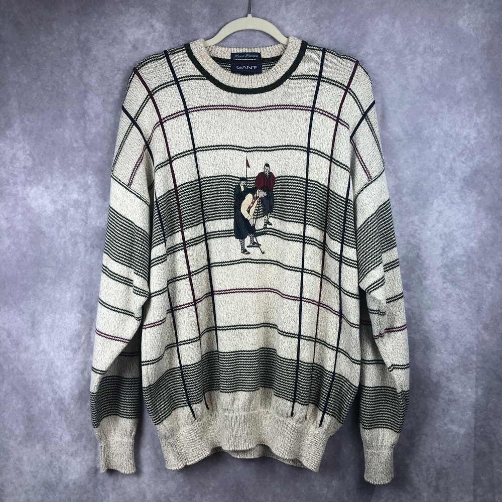 Gant Sweater Mens XL Tan Hand Framed‎ Golf Striped Cotton Vintage Grandpacore